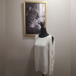LOFT Ivory Cold Shoulder with Criss-Cross Open Sleeve Sweater Size Medium
